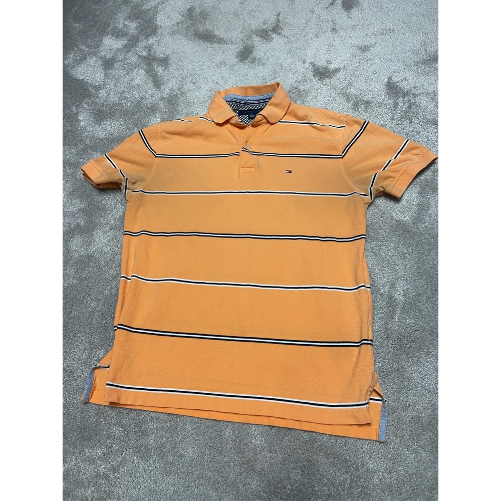 Tommy Hilfiger Men's Orange Striped Polo Shirt Short Sleeve Logo